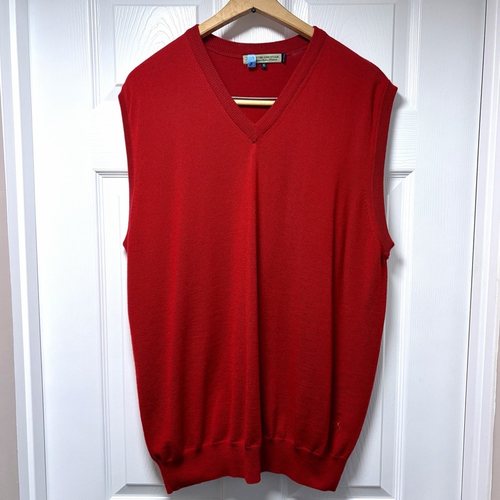 Peter Christian Sweater Vest Mens XL Red 100% Merino Wool V Neck Hares Slipover